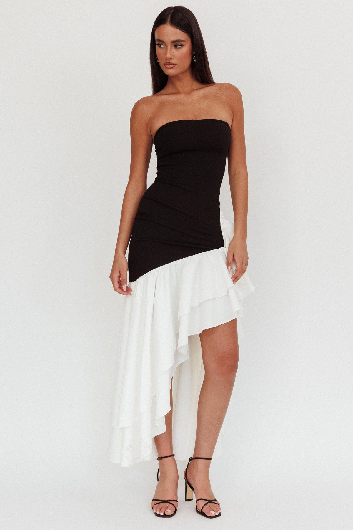 Cha Cha Strapless Thigh Split Dress Black/White